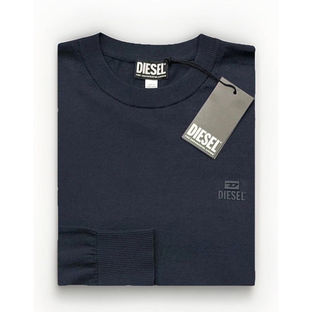 Diesel K-Freex Newprint Men Luxe Pima Cotton Knit Pullover Sweater Midnight L